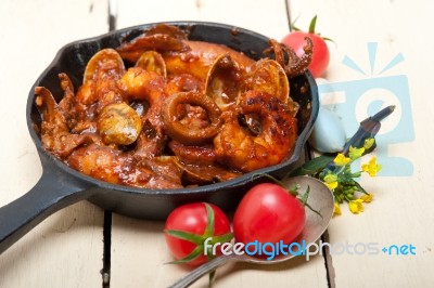 Fresh Seafoos Stew On An Iron Skillet Stock Photo