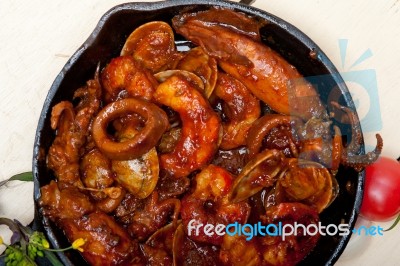 Fresh Seafoos Stew On An Iron Skillet Stock Photo