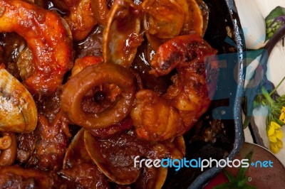 Fresh Seafoos Stew On An Iron Skillet Stock Photo