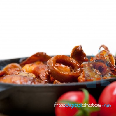 Fresh Seafoos Stew On An Iron Skillet Stock Photo