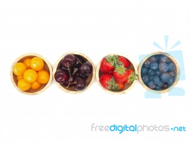 Fresh Summer Fruits, Cherry, Strawberry, Cape Gooseberry And Blu… Stock Photo