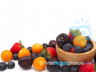 Fresh Summer Fruits, Cherry, Strawberry, Cape Gooseberry And Blu… Stock Photo