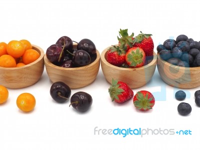 Fresh Summer Fruits, Cherry, Strawberry, Cape Gooseberry And Blu… Stock Photo