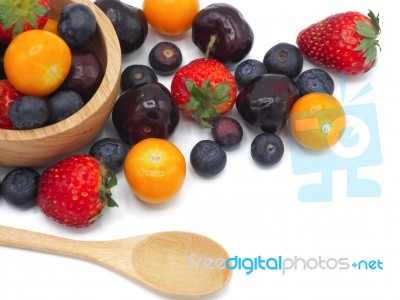 Fresh Summer Fruits, Cherry, Strawberry, Cape Gooseberry And Blu… Stock Photo