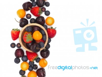 Fresh Summer Fruits, Cherry, Strawberry, Cape Gooseberry And Blu… Stock Photo