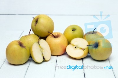 Fresh Tasty Yellow Apple Fruits Isolated On A White Background Stock Photo