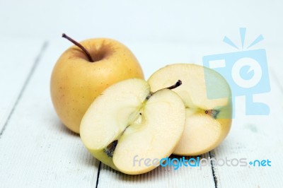 Fresh Tasty Yellow Apple Fruits Isolated On A White Background Stock Photo