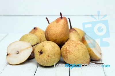 Fresh Tasty Yellow Pear Fruits Isolated On A White Background Stock Photo