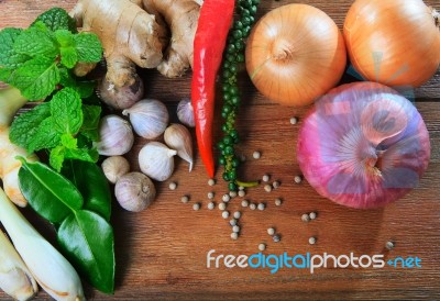 Fresh Thai Vegetable Spice Herb On Wood Table Top Stock Photo