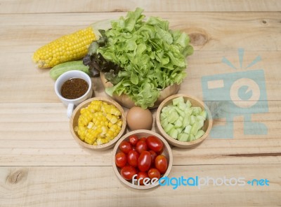 Fresh Vegetable In Wooden Bowl, Stock Photo