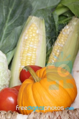 Fresh Vegetables Arrange On The Wood Table Stock Photo