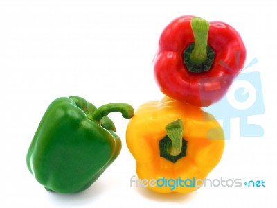 Fresh Vegetables, Red, Yellow, Green Sweet Peppers On White Back… Stock Photo