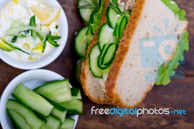 Fresh Vegetarian Sandwich With Garlic Cheese Dip Salad Stock Photo