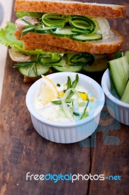 Fresh Vegetarian Sandwich With Garlic Cheese Dip Salad Stock Photo