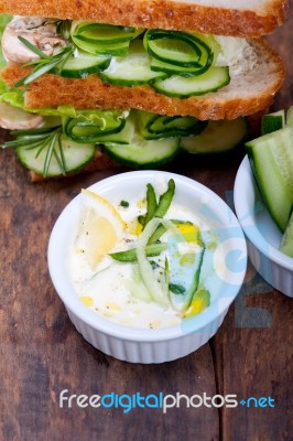 Fresh Vegetarian Sandwich With Garlic Cheese Dip Salad Stock Photo