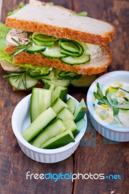 Fresh Vegetarian Sandwich With Garlic Cheese Dip Salad Stock Photo