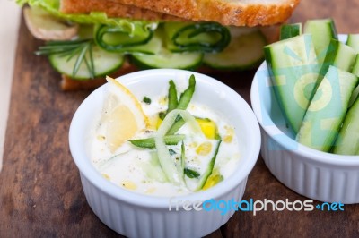 Fresh Vegetarian Sandwich With Garlic Cheese Dip Salad Stock Photo