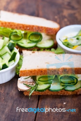 Fresh Vegetarian Sandwich With Garlic Cheese Dip Salad Stock Photo