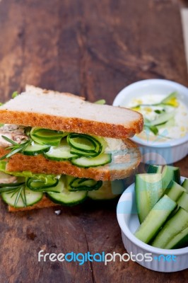 Fresh Vegetarian Sandwich With Garlic Cheese Dip Salad Stock Photo