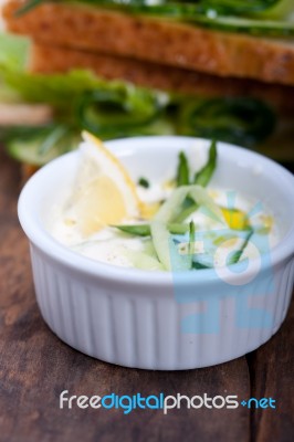 Fresh Vegetarian Sandwich With Garlic Cheese Dip Salad Stock Photo