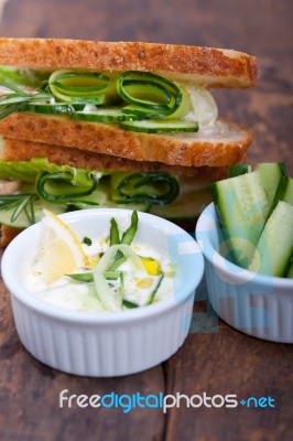 Fresh Vegetarian Sandwich With Garlic Cheese Dip Salad Stock Photo