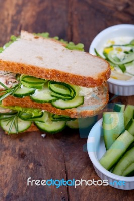 Fresh Vegetarian Sandwich With Garlic Cheese Dip Salad Stock Photo