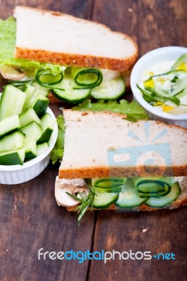 Fresh Vegetarian Sandwich With Garlic Cheese Dip Salad Stock Photo