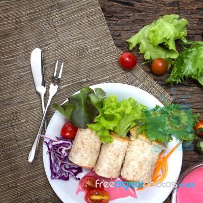 Fresh Whole Wheat Bread Wraps With Vegetables And Fruit On The P… Stock Photo