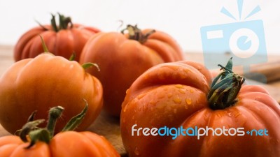 Freshly Picked Tomatoes, Place On Wooden Chopping Board And Table Stock Photo