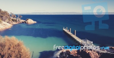 Freycinet Pier By Coles Bay In Tasmania Stock Photo