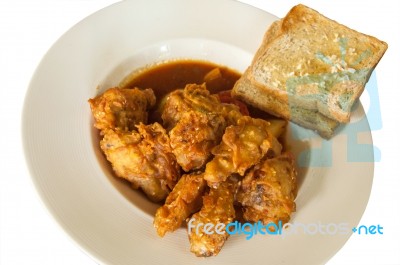 Fried Chicken And Garlic Bread Stock Photo