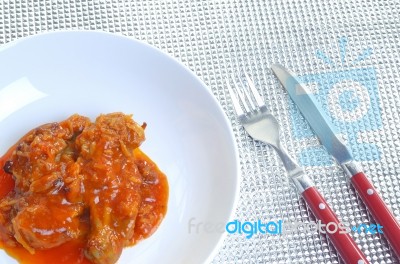 Fried Chicken With Chilli Sauce Stock Photo