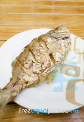 Fried Fish On White Dish Stock Photo