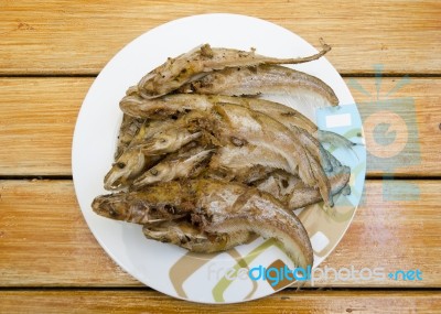 Fried Fishes On Dish Stock Photo