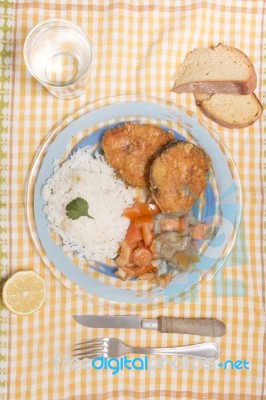 Fried Hake Fish With Rice Stock Photo