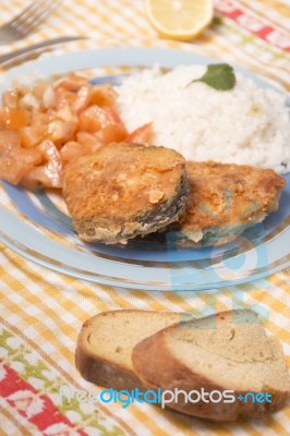 Fried Hake Fish With Rice Stock Photo