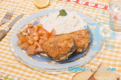 Fried Hake Fish With Rice Stock Photo