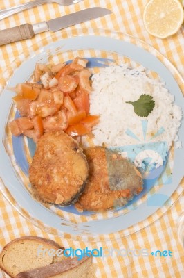 Fried Hake Fish With Rice Stock Photo