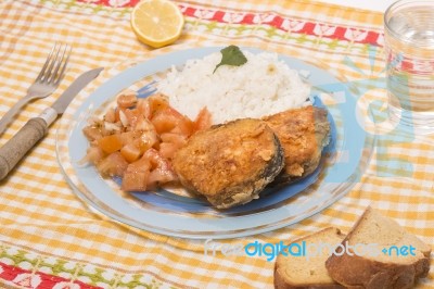 Fried Hake Fish With Rice Stock Photo