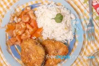 Fried Hake Fish With Rice Stock Photo