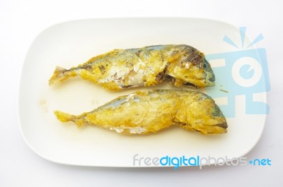 Fried Mackerel On White Background Stock Photo