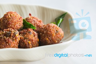 Fried Minced Pork With Spicy Sauce On Bowl Stock Photo