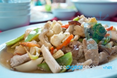 Fried Mix Vegetable And Shrimp In Dishes On Table Stock Photo