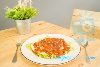 Fried Pork With Barbeque Sauce Spicy Salad Stock Photo