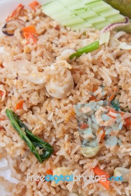 Fried Rice With Squid Stock Photo