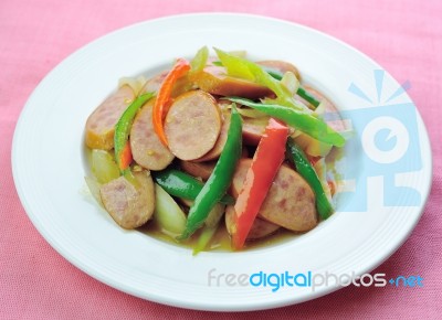 Fried Sausage With Chilli Stock Photo