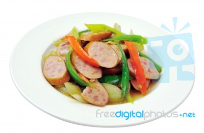 Fried Sausage With Chilli Stock Photo