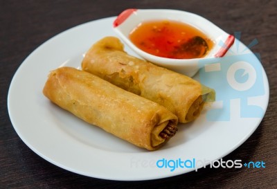 Fried Spring Roll With Sweet Sauce Stock Photo