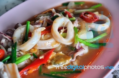 Fried Squid With Salted Egg Stock Photo