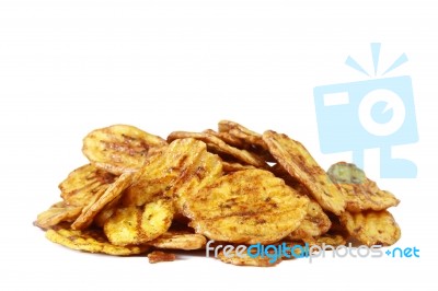 Fried Thinly Sliced Banana Chips, A Tropical Snack Stock Photo